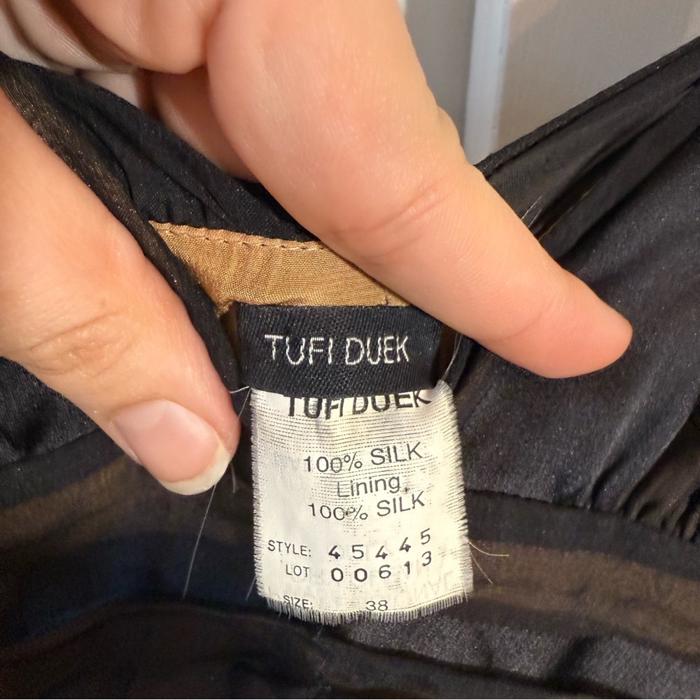 Tufi Duek Vintage 100% Silk Black & Mesh Ruched Bust Midi Dress Size 4-6 - Picture 7 of 10